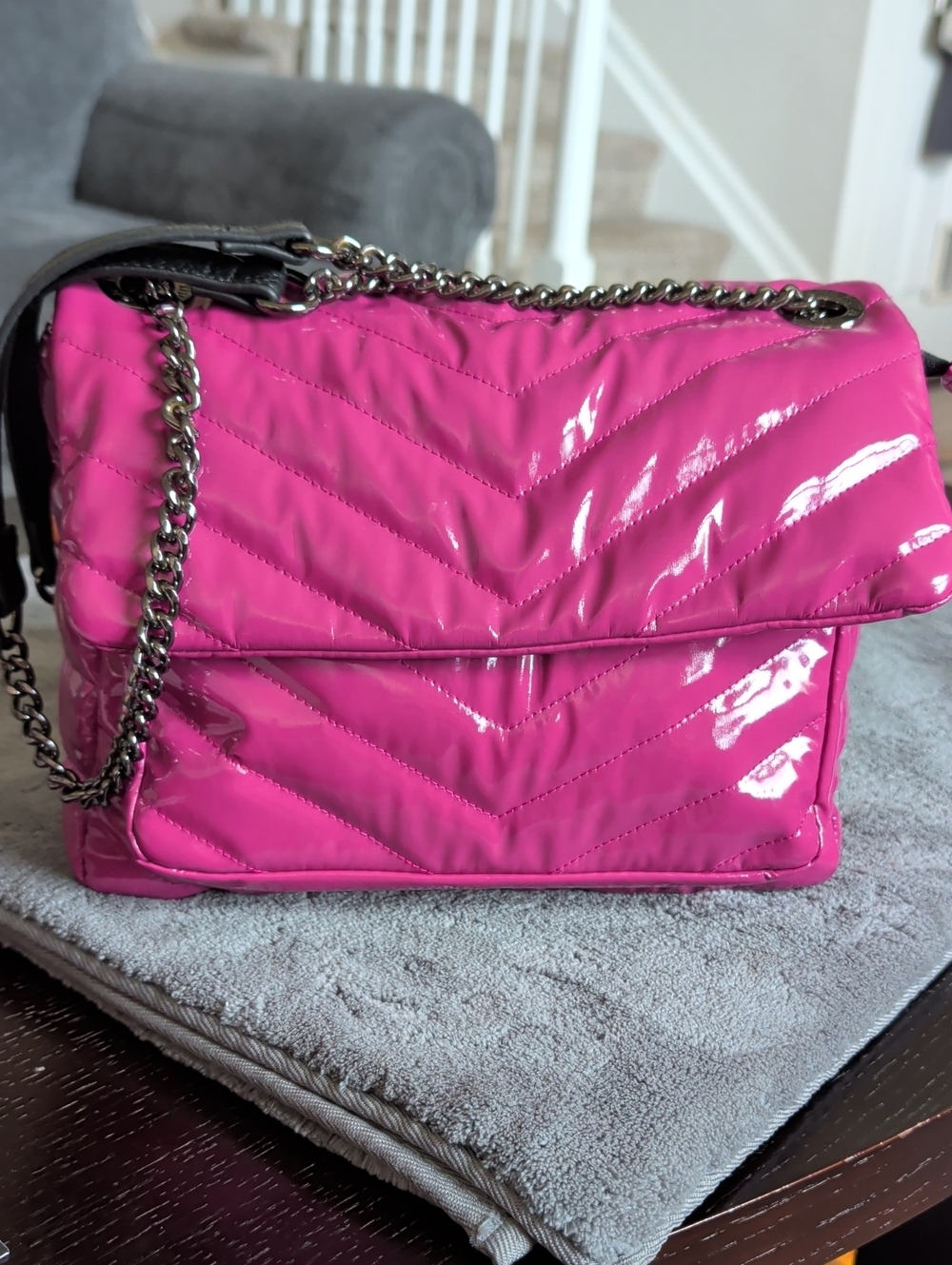 Hot Pink Quilted Patent Shoulder Bag with Chain Strap